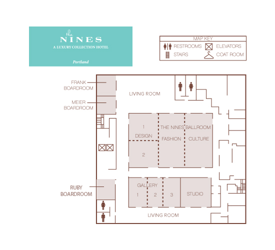 Floor plan map of The Nines hotel event spaces including ballroom and boardrooms.