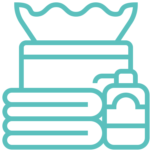 Icon representing hotel amenities including folded towels, a laundry bag, and a toiletry bag.