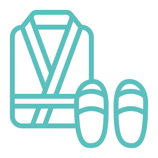 Teal line art icon of a hotel bathrobe and slippers