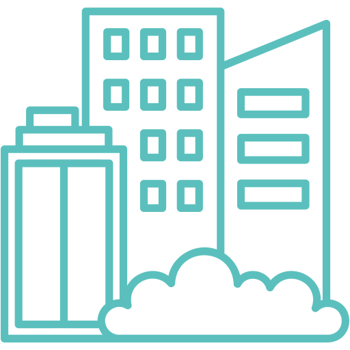 Teal line art icon of city skyscrapers rising above clouds against a black background.