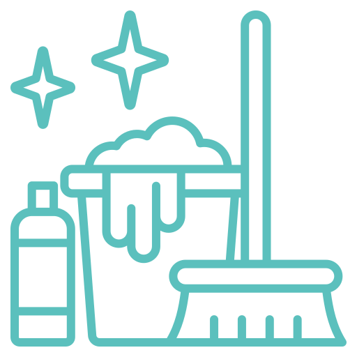 Cleaning supplies icon showing a bucket, bottle, broom, and sparkles.