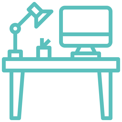 Teal line art icon of a desk with a computer monitor, desk lamp, and pencil holder.