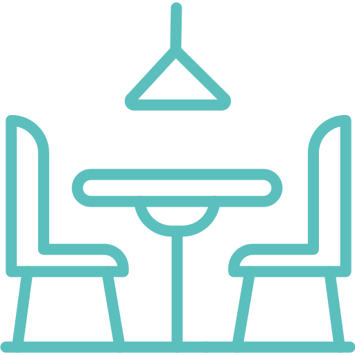 Teal line art icon of a dining table with two chairs and a hanging light fixture.