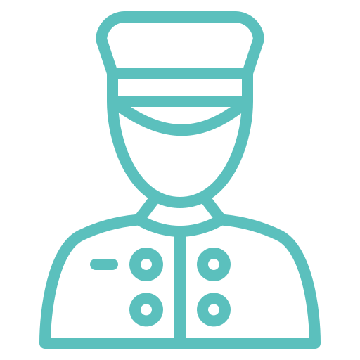 Teal line art icon of a hotel bellhop or concierge in uniform.