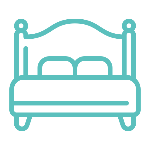 Teal line art icon of a bed with a curved headboard and two pillows.