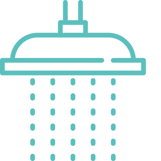 Teal shower head icon with water droplets on a black background