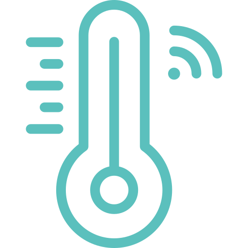 Teal icon showing a thermometer with signal waves indicating smart temperature monitoring.