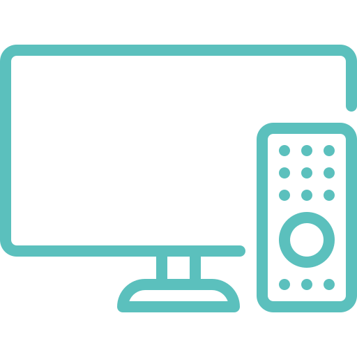 Teal outline icon of a flat-screen television and remote control.