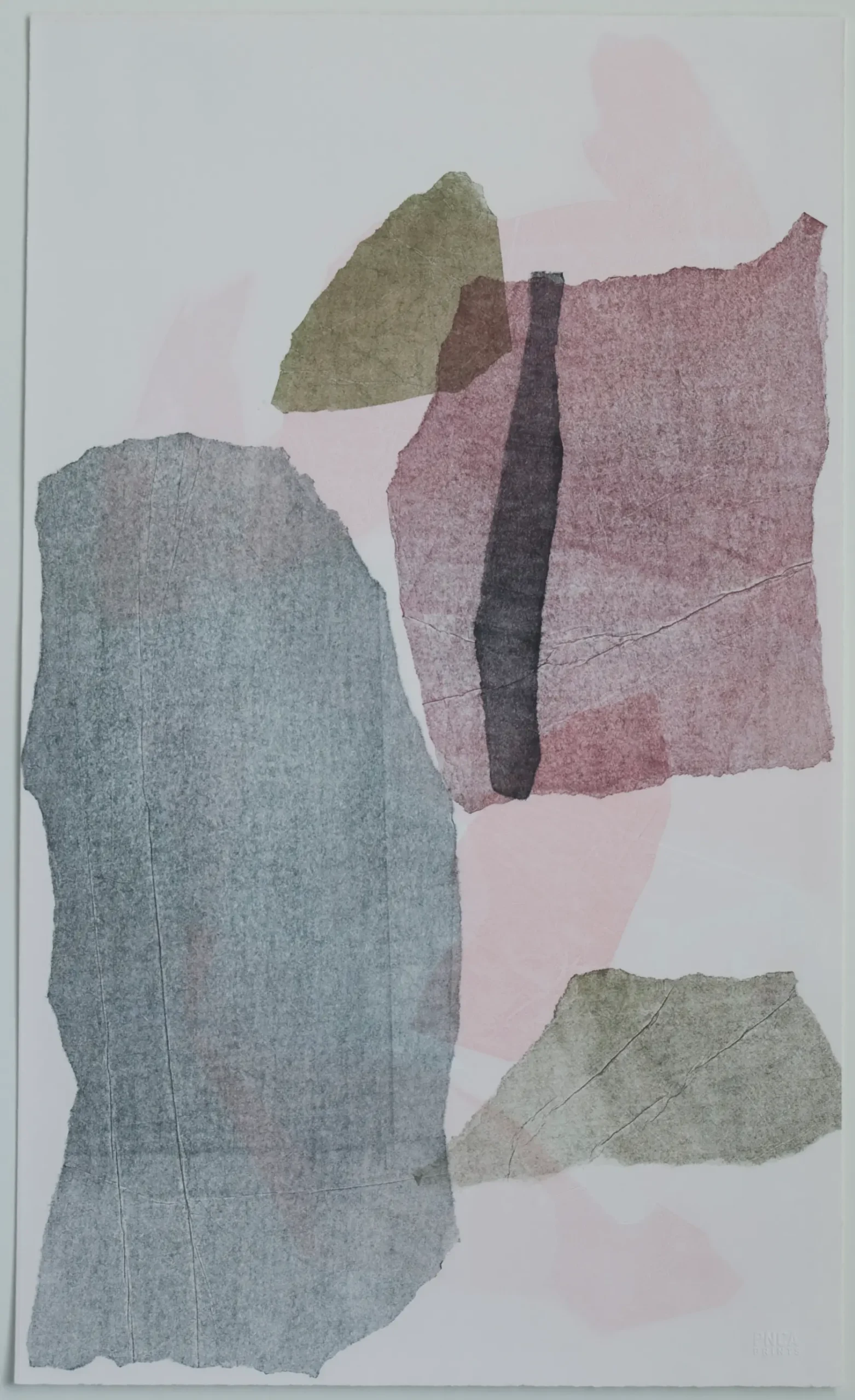 Abstract mixed media artwork featuring torn paper shapes in grey, mauve, and olive green with soft pink washes.