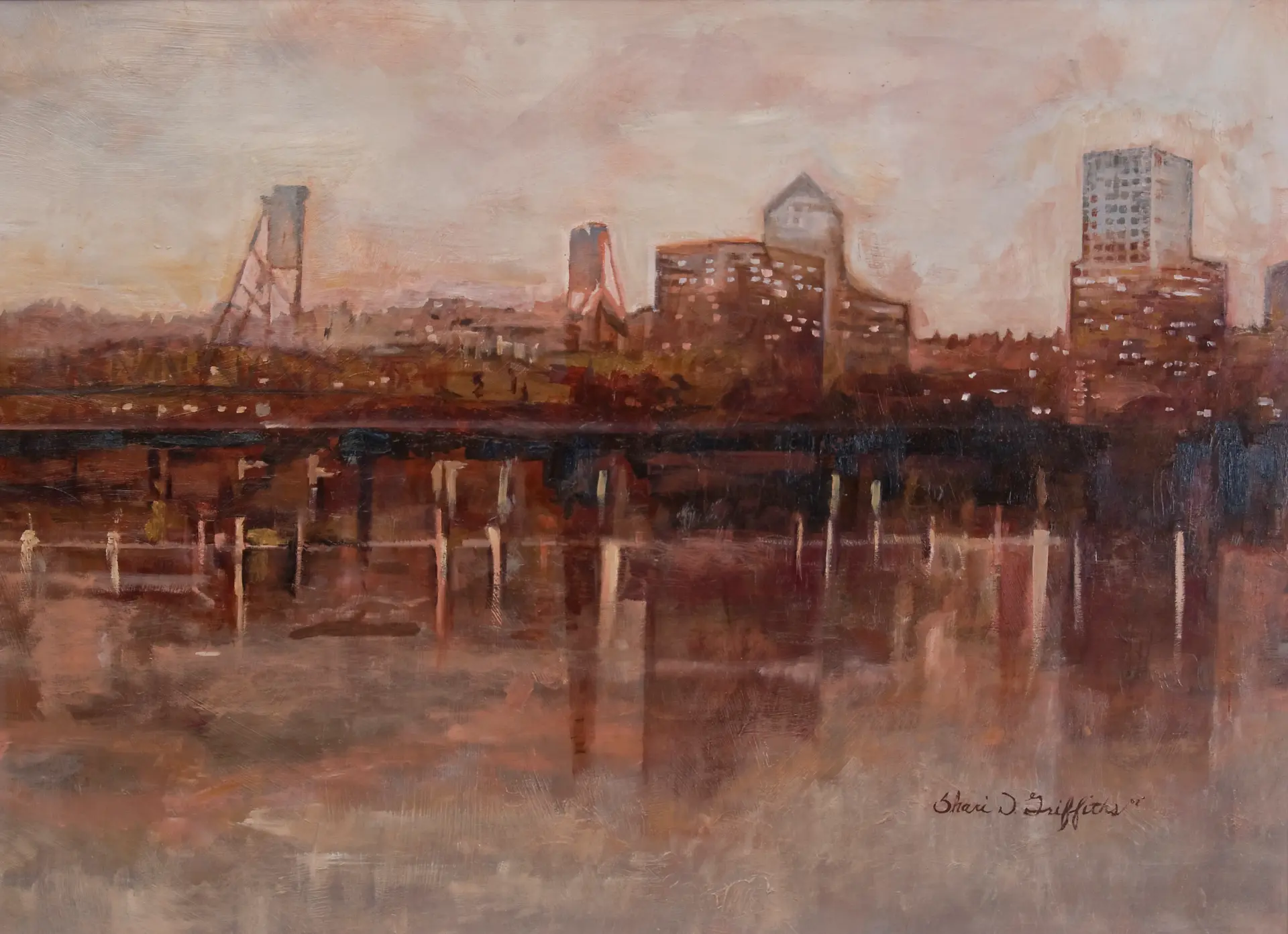 Painting of a city skyline with a bridge and water reflection at dusk