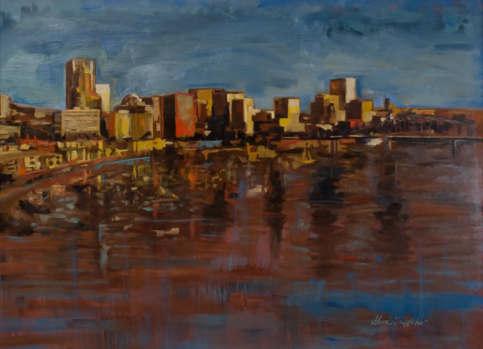 Impressionistic painting of a city skyline reflected in a river under a cloudy sky.