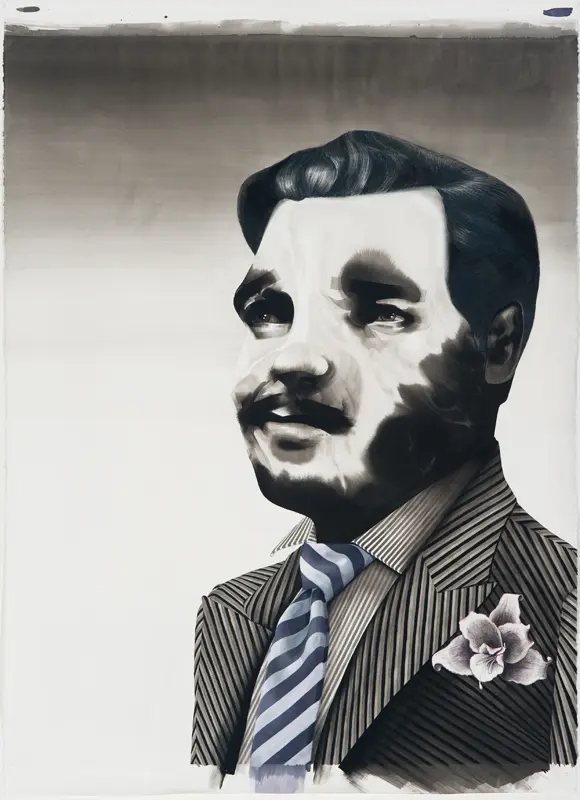 Stylized portrait of a man in a pinstripe suit with a flower lapel pin
