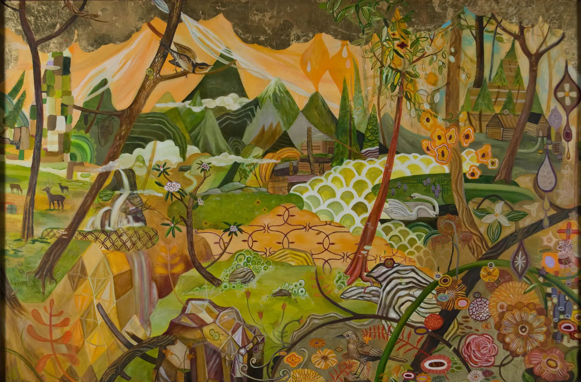 Whimsical landscape painting featuring mountains, wildlife, and stylized flora.
