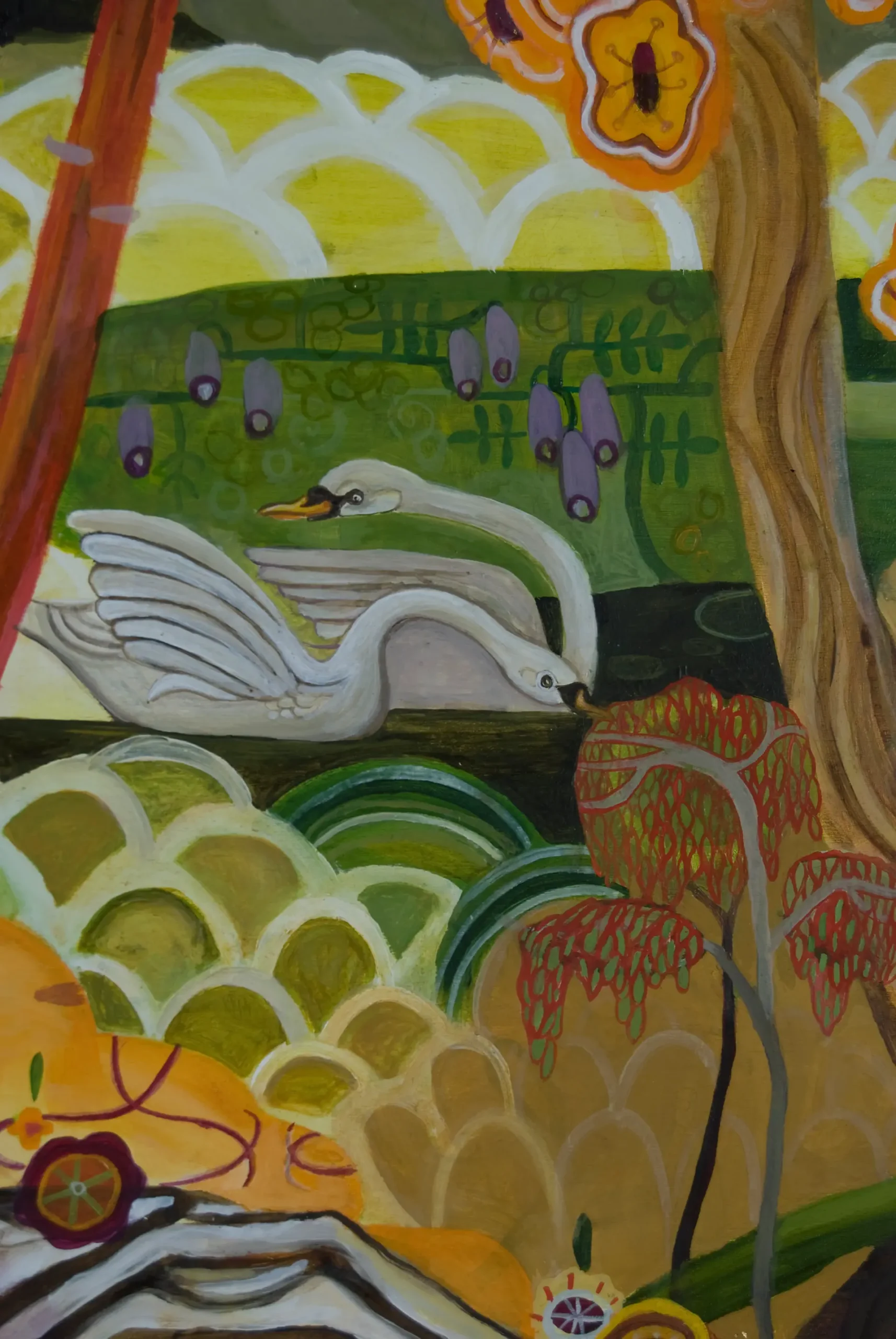 Colorful painting of two white swans in a stylized nature scene with flowers and trees.