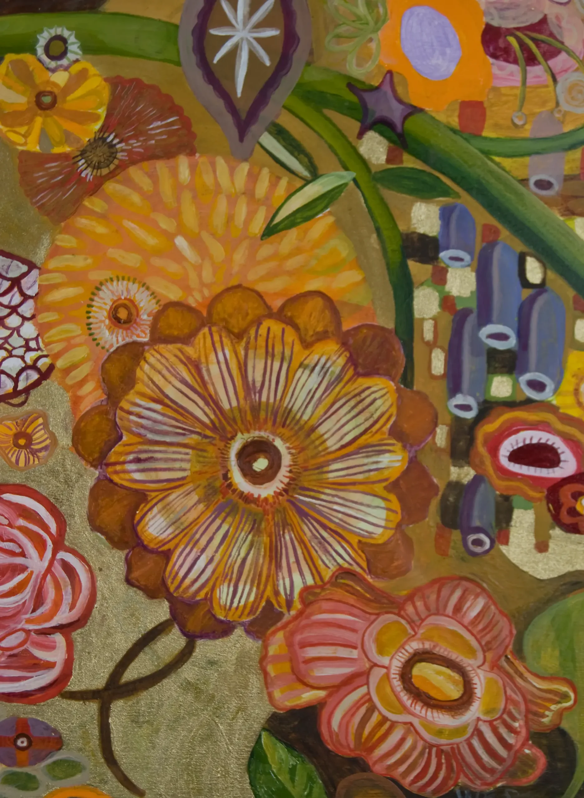 Vibrant floral painting with stylized orange and pink flowers on a gold background.