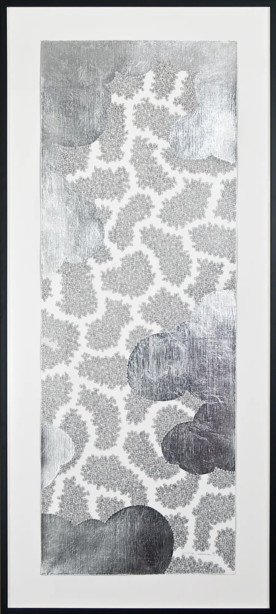 Framed vertical abstract artwork with stippled patterns and grey cloud-like shapes